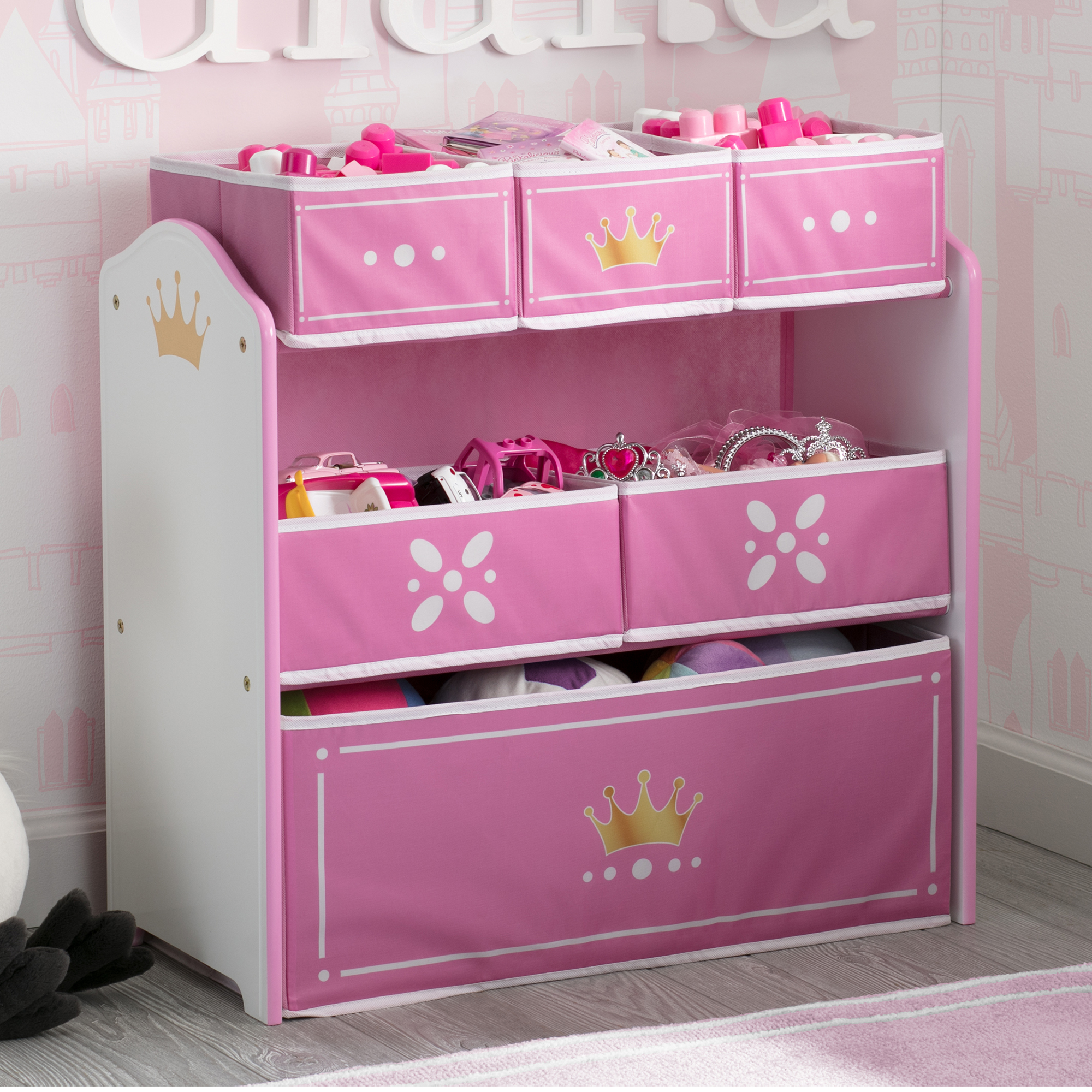 Delta Children Princess Crown 6 Bin Storage Toy Organizer, Greenguard Gold Certified, Solid Wood & Fabric, White/Pink - image 3 of 7
