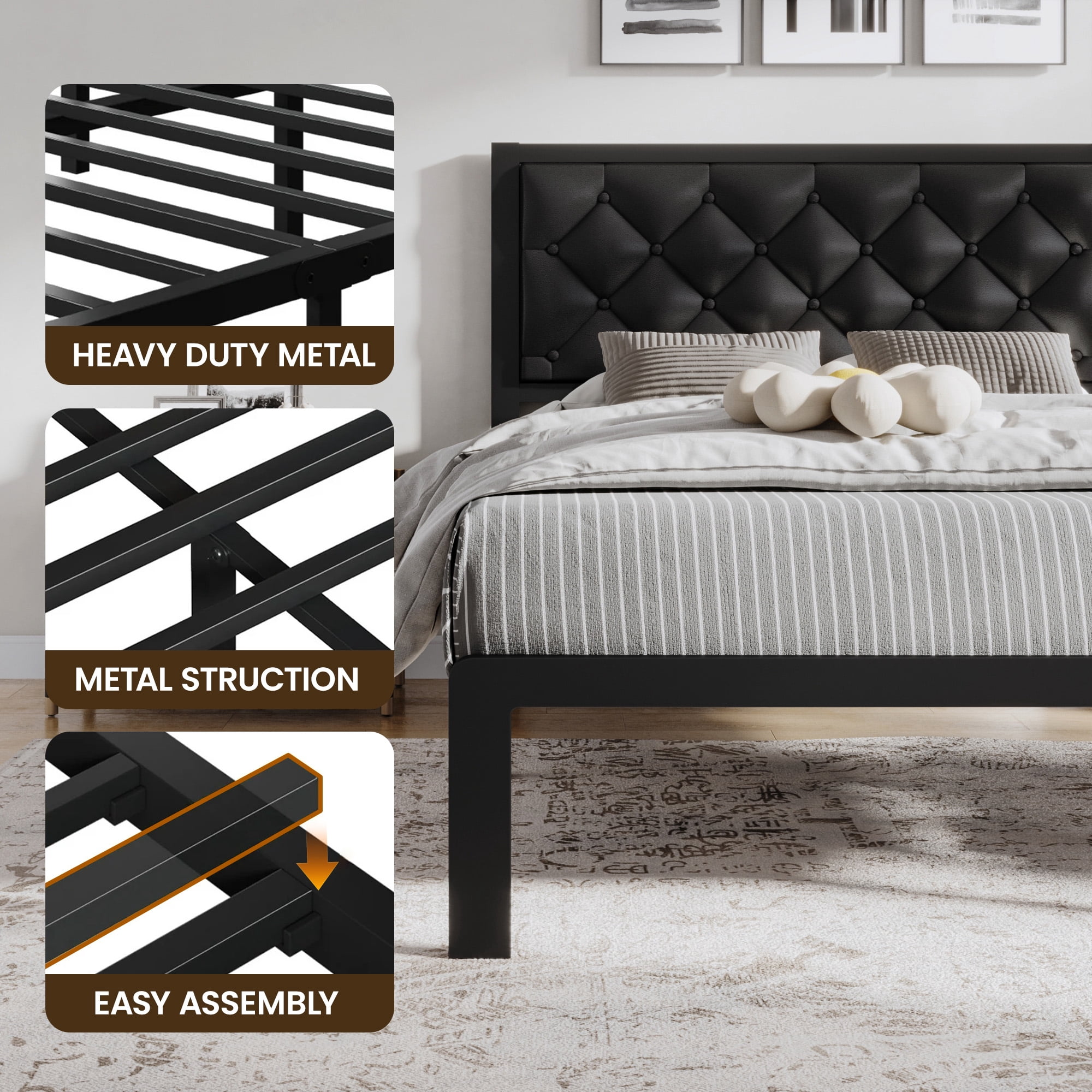 Lifezone Bed Frame with Headboard PU Leather Upholstered and All Metal Slats Support Platform, Twin