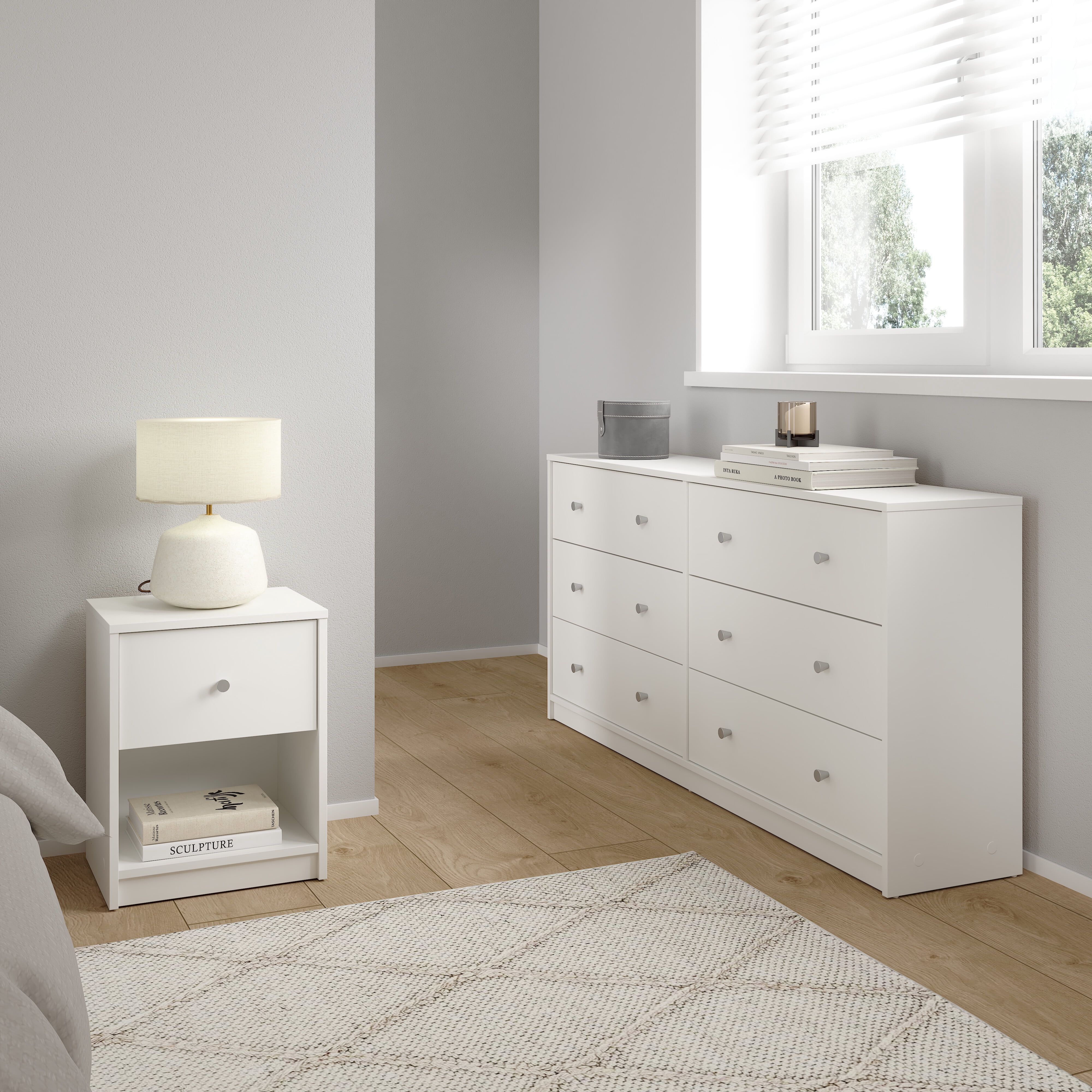 Tvilum Studio 3-Piece Bedroom Set - 6 Drawer Double Dresser And Nightstand Set Of 2, White