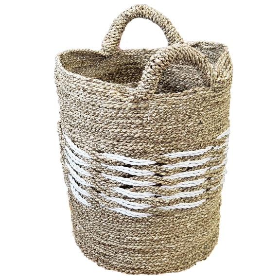 Stoneage Arts Inc 17" Gray, White, and Beige Seagrass and Raffia Basket Handcrafted with Genuine