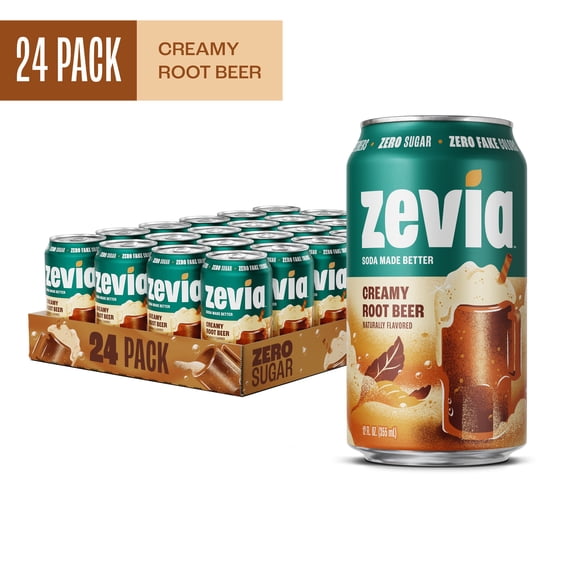 Zevia Zero Sugar, 0 Calorie Creamy Root Beer Soda Pop, 12 fl oz, 24 Pack of Cans
