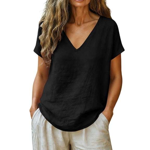 WERYOUNG Lightweight Linen T Shirt For Women Summer Short Sleeve T-Shirts Relaxed Fit Casual Tee Holiday Party Comfortable Tops L