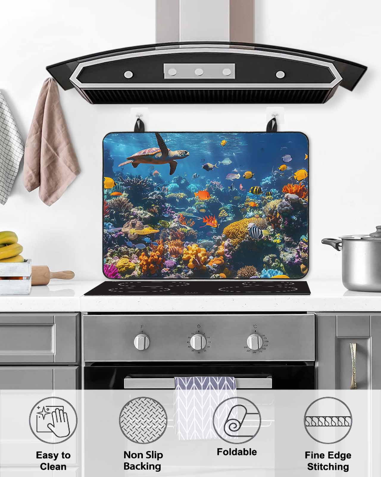 nqOlkjepod Large Induction Cooktop Protector Mat 28.5"x20.5", Turtle Stove Top Covers for Electric Stove, Summer Beach Ocean Coral Sunlight Jellyfish Stove Burner Cover Mats, Glass Top Stove Cover