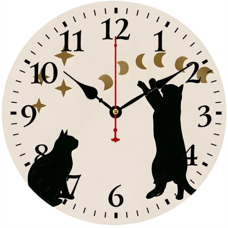 CozyHour 9.84 Inch Black Cat Wall Clock, Celestial Moon Phase Analog Clock, Decorative Round Clock for Bedroom, Living Room, Kitchen and Office