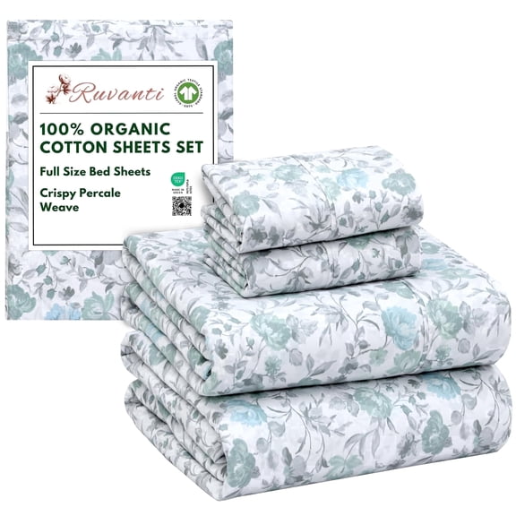 RUVANTI 100% Organic Cotton Sheets - Full Size bed sheet - 4 Piece Percale Weave Bedding, Crisp, Cooling & Breathable, Soft & Durable, 16" Deep Pocket - Cold Chrysanthemum