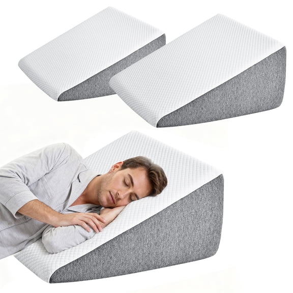 LIFERECORD Wedge Pillow for Bed - Memory Foam Wedge Cushion for Sleep Apnea, Acid Reflux, and Back Pain Relief, 23.6 x 23.6 x 11.8 inch, White & Gray