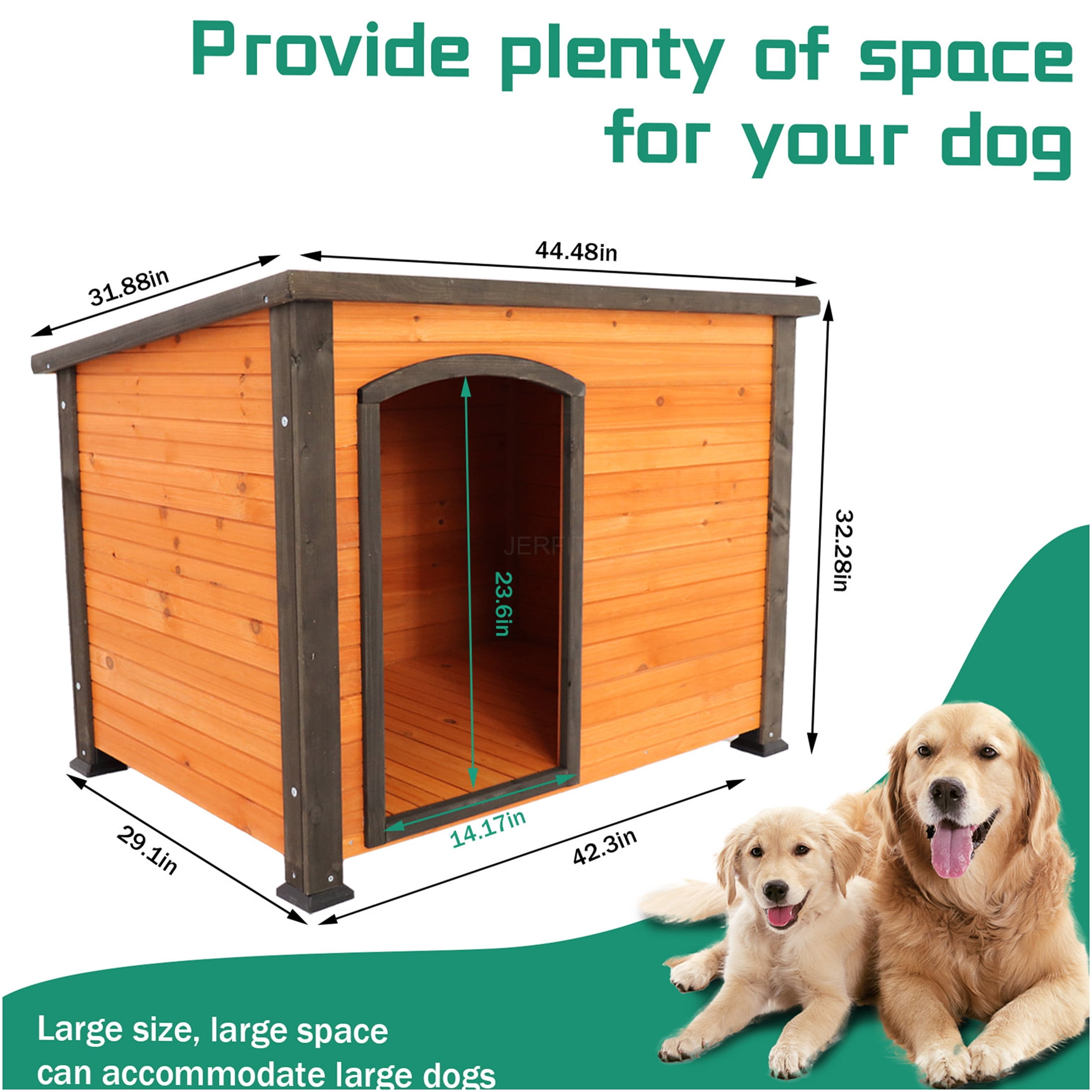 JERFIT 45 Inch Large Dog House Outdoor Indoor, All Weather Wooden Kennel with Elevated Base, Waterproof Roof & Winter Straps, Golden Black