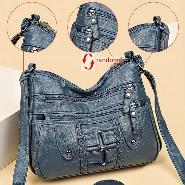 LHSHID Vintage chic rivet accent soft PU leather crossbody shoulder bag-spacious multi-zipper messenger bag with adjustable strap, perfect for women on-the-go-stylish, durable, and easy to clean