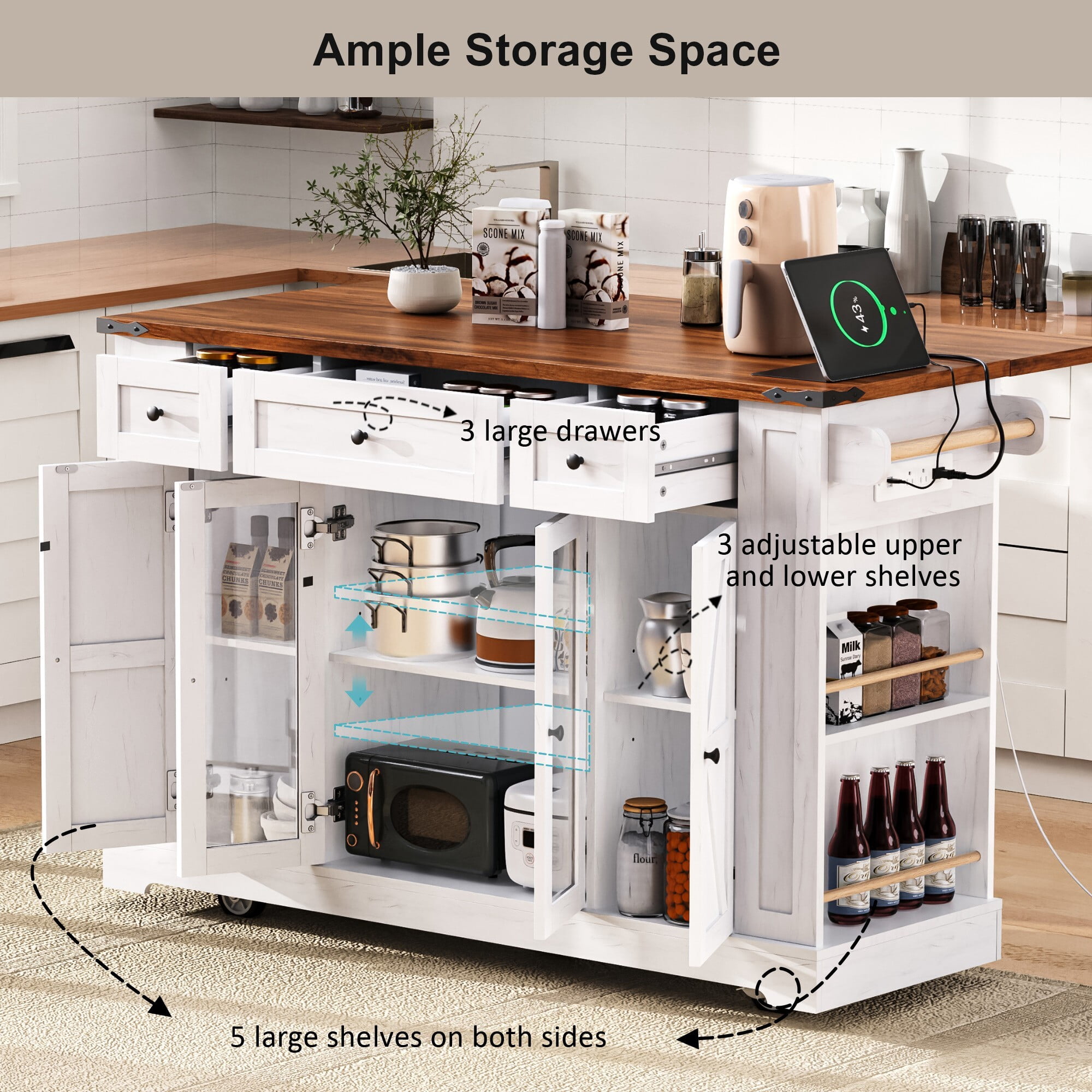 DEALTOPS 53" Rolling Farmhouse Kitchen Island Cart with Drop Leaf, Charging Station & Glass Doors, White