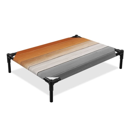 Orange Grey Elevated Dog Bed Gradient Wood Grain Vintage Farmhouse Cooling Breathable Outdoor Raised Dog Cot Bed with Metal Frame Non-Slip Feet for Medium Dog 24x20in