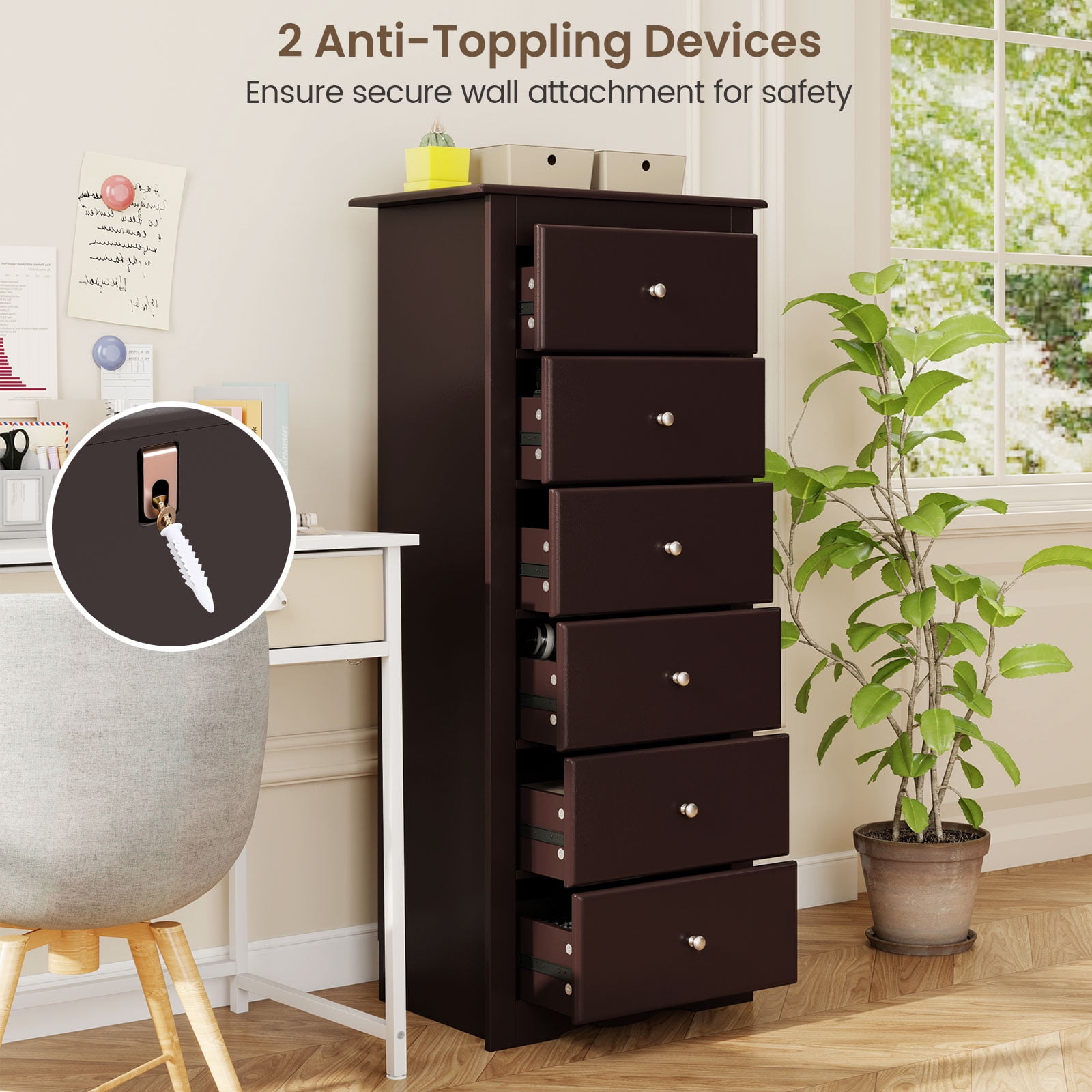 Giantex 6 Dresser Chest, Free Standing Wooden Storage Cabinet, Tall Dresser Clothes Organizer, Brown