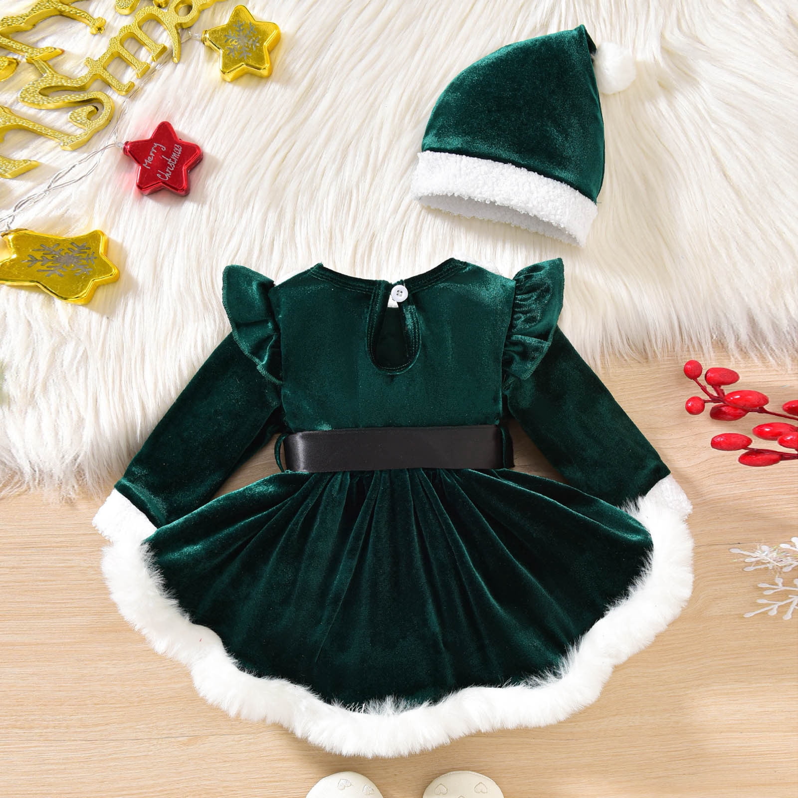Infant Baby Girl Christmas Dress,Mrs Claus Dress Blue Velvet long sleeves Christmas Party Outfit Christmas Cosplay Christmas Clothes 9-12 Months
