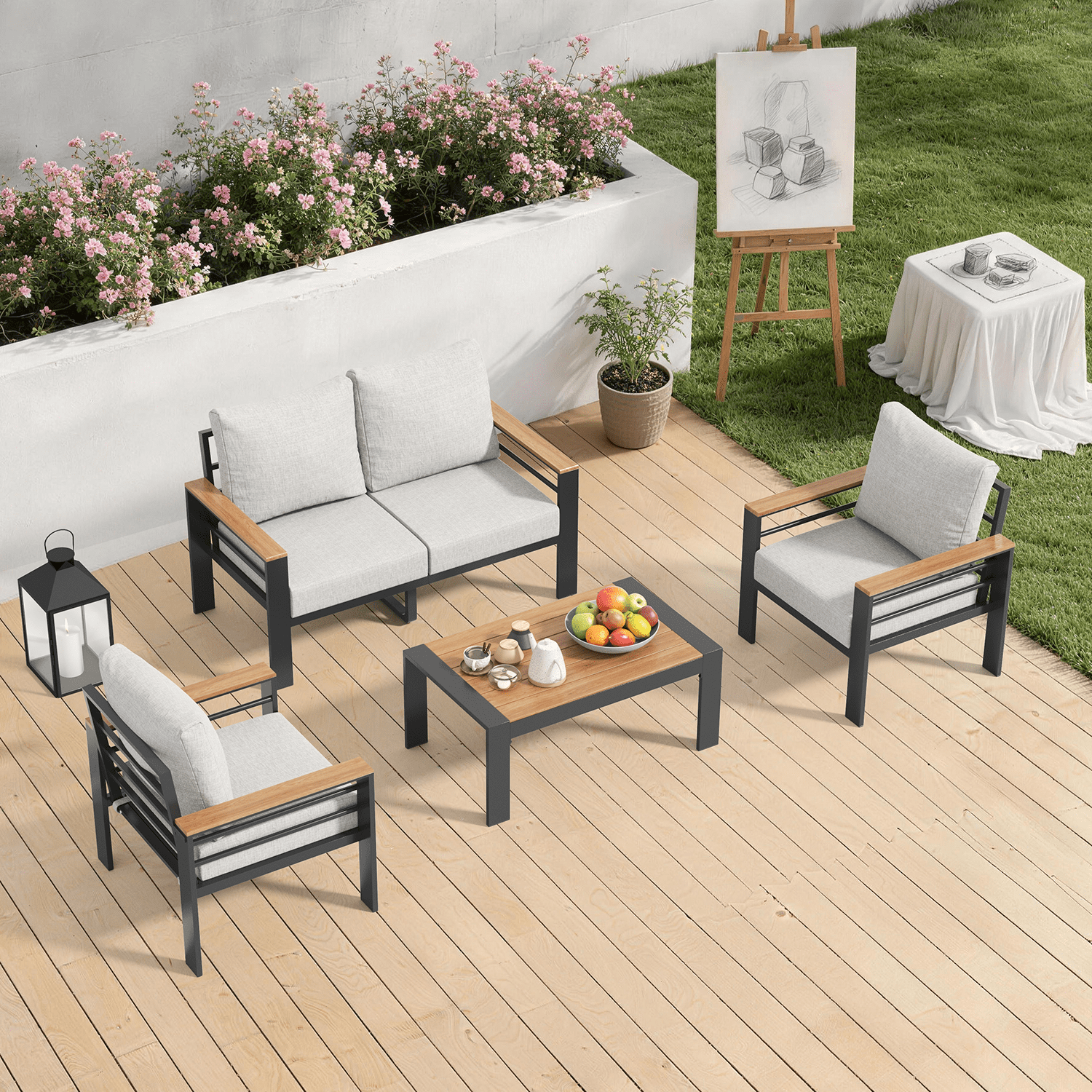 BaPiPro 4-Seats Outdoor Patio Conversation Set with Coffee Table & Cushions - Aluminum Frame Outdoor Furniture Set for Terrace, Garden, Poolside, Gray