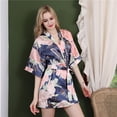 thumbnail image 2 of Defitshape Women's Satin Robe Floral Sexy Short Sleeve Kimono Soft Summer V Neck Wrap Bridesmaid Lightweight Short Kimono Robe Sleepwear Navy X-Large, 2 of 4