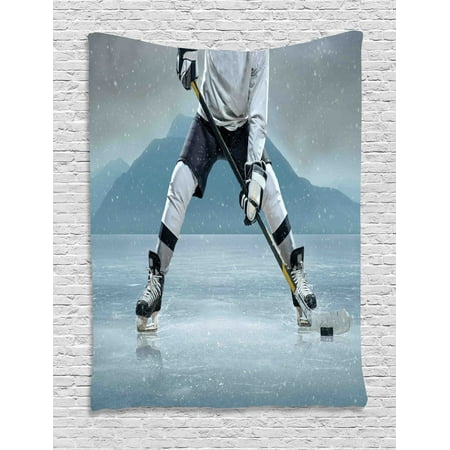 Sports Tapestry Ice Hockey Player With Stick And Puck Mountain Background Canadian Wall Hanging For Bedroom Living Room Dorm Decor Charcoal Grey