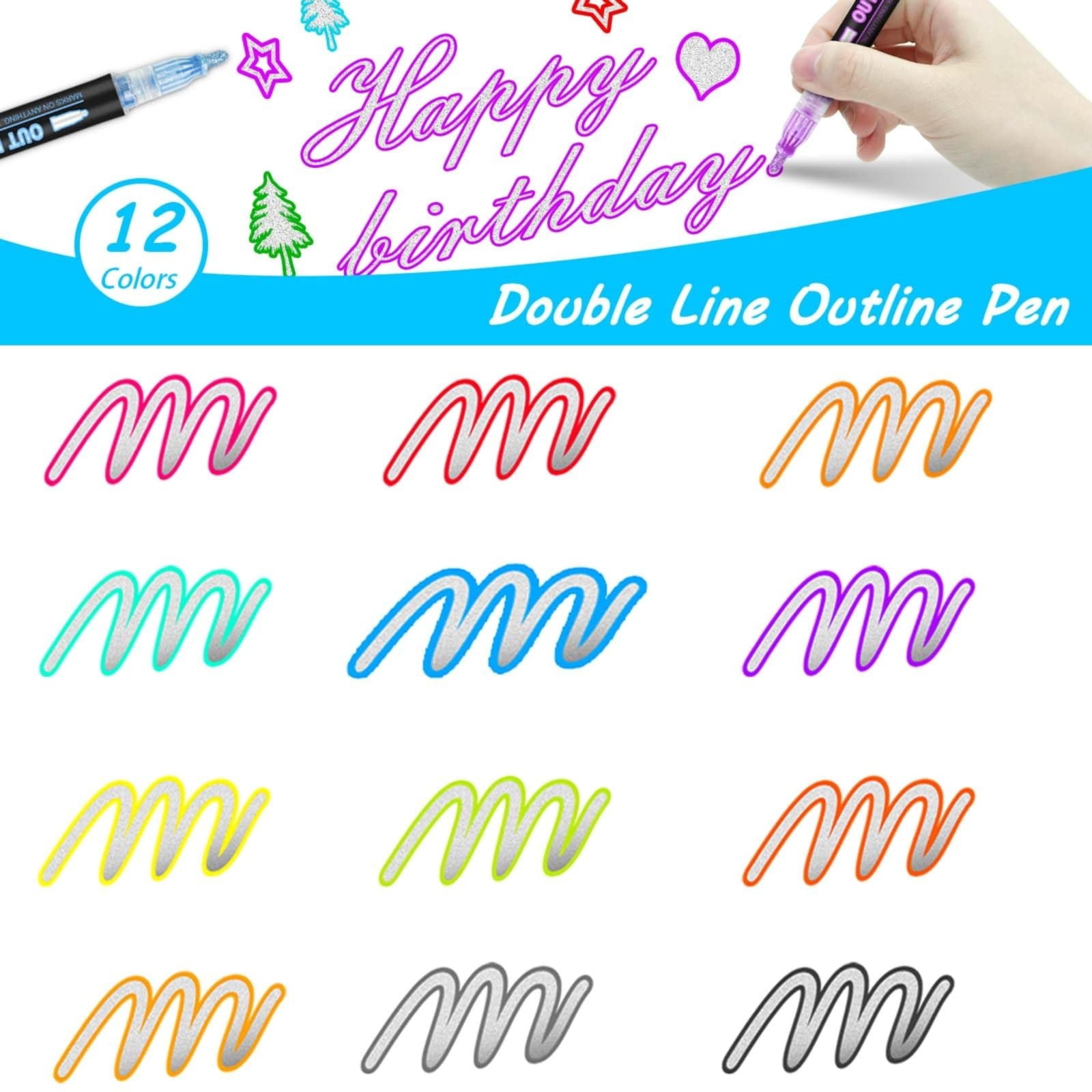 Piwvid 36 Colors Double Line Outline Markers, Self-Outline Metallic Glitter Pens, Vibrant Squiggles Drawing Pens for Birthday Cards, Crafts & Greeting Decoration