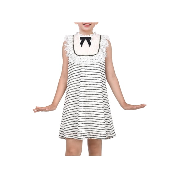 Sunny Fashion Girls Dress Striped Crochet Tweed Lace Trim Bow Sleeveless Summer Holiday Casual 5 Years