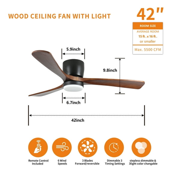 42 inch Black Wood Ceiling Fans with Lights and Remote, Modern Flush Mount Low Profile Ceiling Fan with Light, 6 Speed, Reversible DC Motor, for Bedroom/Outdoor/Farmhouse/Patios
