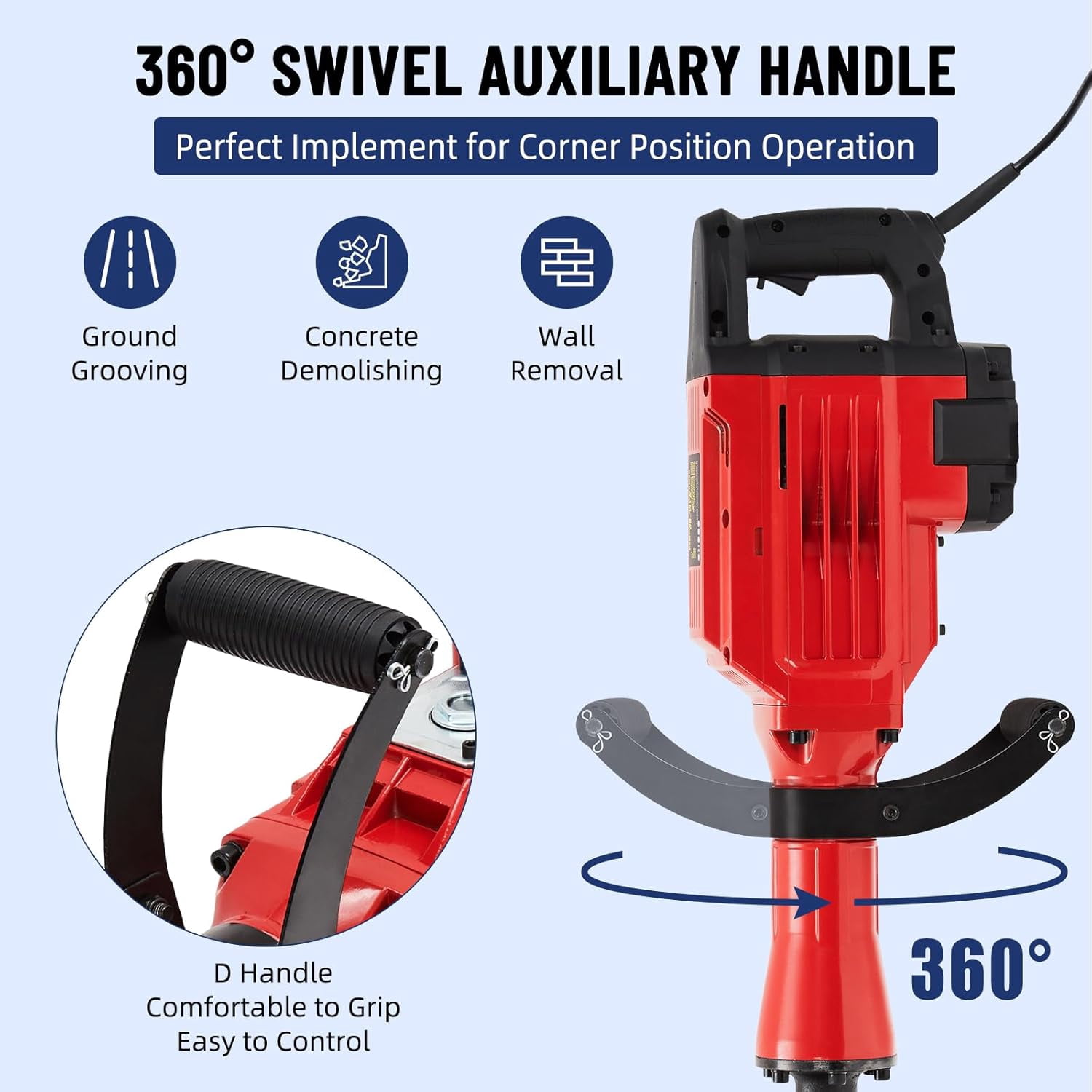 Demolition Hammer, Heavy Duty 3600W Electric Jackhammer, 1800 BPM Concrete Breaker 2pcs Chisels Bit Chipping W/Case, Gloves