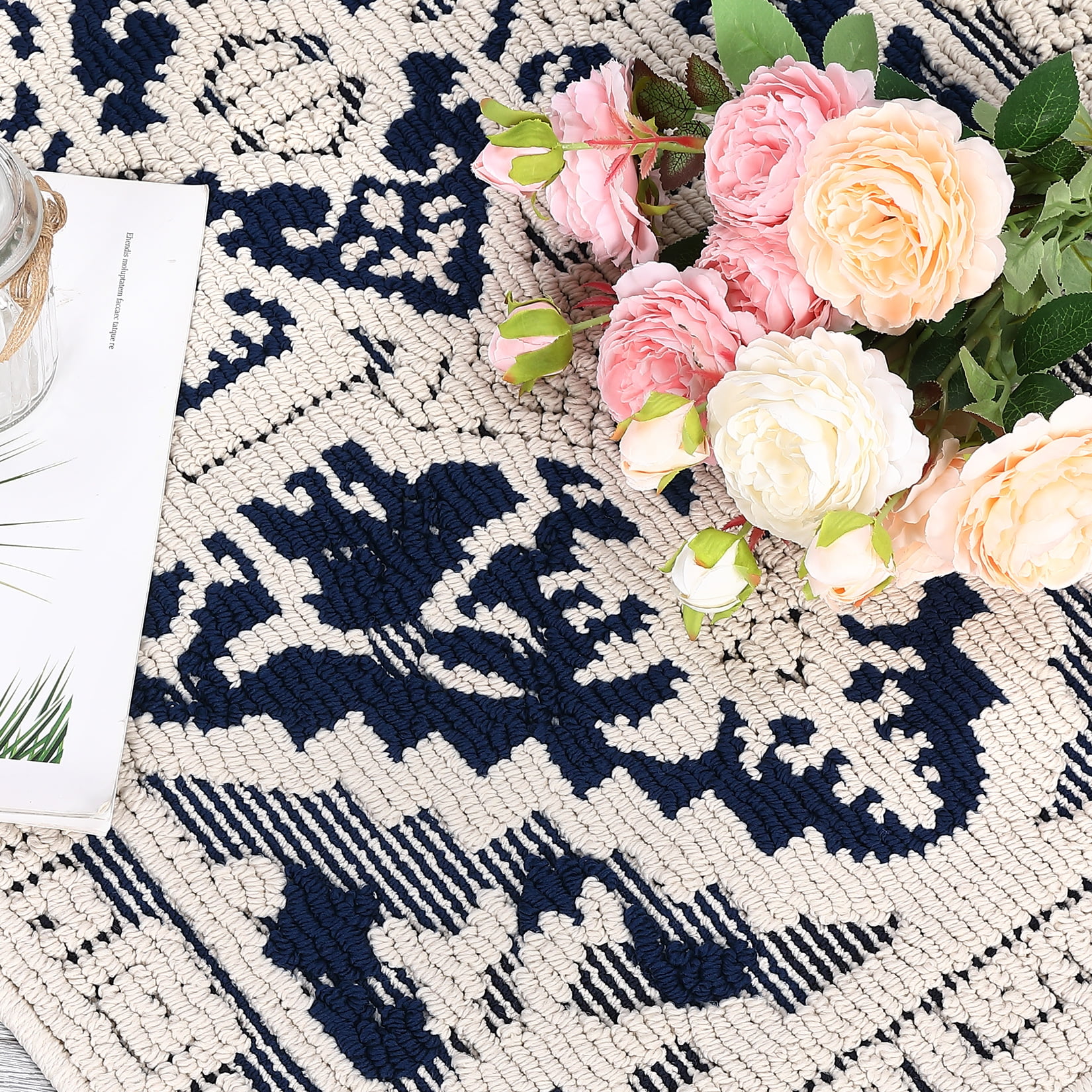 Hasoo Runner Rug 2x6 Rug for Living Room Shag Rug Vintage Boho High Low Pile Medallion Throw Rugs, Navy