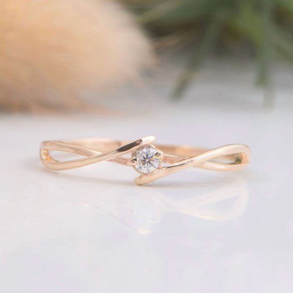 vylahjewellery 10K Yellow Gold Plated Solitaire Round Cut Moissanite Diamond Rings Minimalist Twist Band Engagement Rings