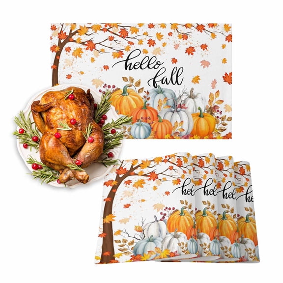 Fall Placemats Set of 4 Autumn Maple Leaves Place Mats Thanksgiving Placemat Orange Pumpkin Hello Fall Table Mats for Dining Kitchen Table Holiday Dinner Party Home Fall Decorations 13x19 Inch