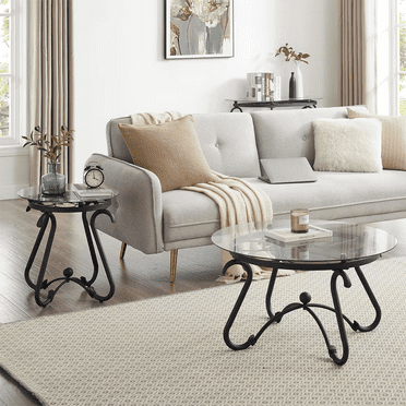 2 Piece Tempered Glass Coffee Table Set,Round End Side Table with Sturdy Construction for Living Room