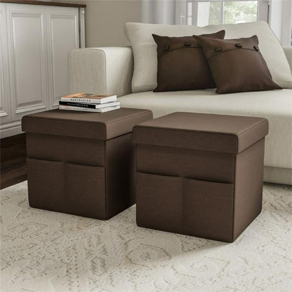 Lavish Home Set of Two 15-Inch Folding Ottomans with Storage Pockets, Brown