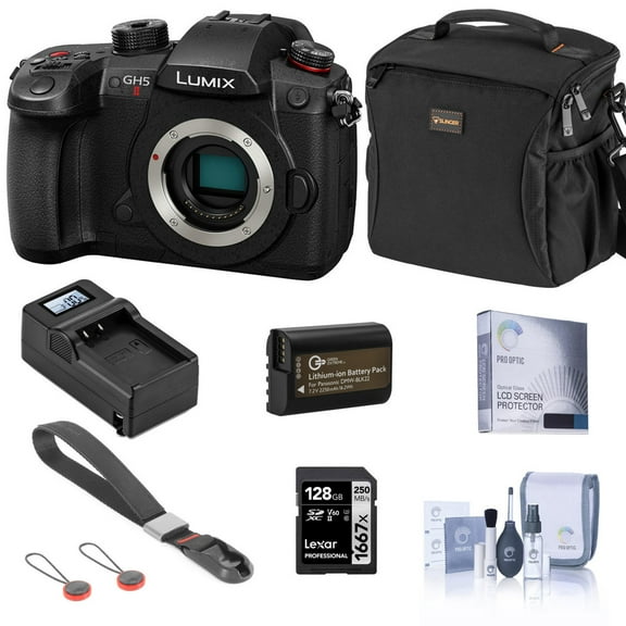 Panasonic LUMIX GH5II Mirrorless Camera Bundle with 128GB SD Card, Bag, Extra Battery, Charger, Wrist Strap, Screen Protector, Cleaning Kit