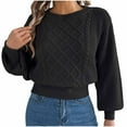 thumbnail image 2 of Zedker Women's Solid Knit Cable Sweater Casual Crew Neck Long Lantern Sleeve Tops,Plus Size Black L, 2 of 8