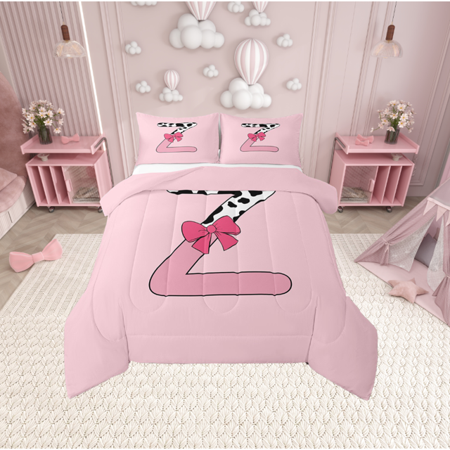 Erosebridal Letter Initial Z Bedding King Comforter Set,Kawaii Bow Bedding Sets King with Comforter,Microfiber Reversible Comforter Sets King Size,Cow Print Decor,3pcs