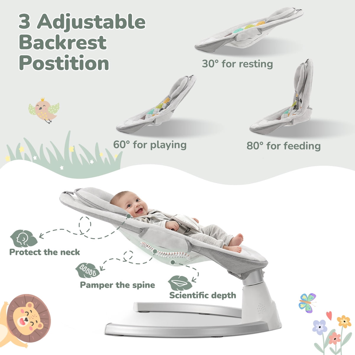 Baby Swing for Infants, Caveen Baby Rocker with Dinner Plate, 5 Swing Speeds, Adapter Battery Operated, Indoor,Outdoor, Grey