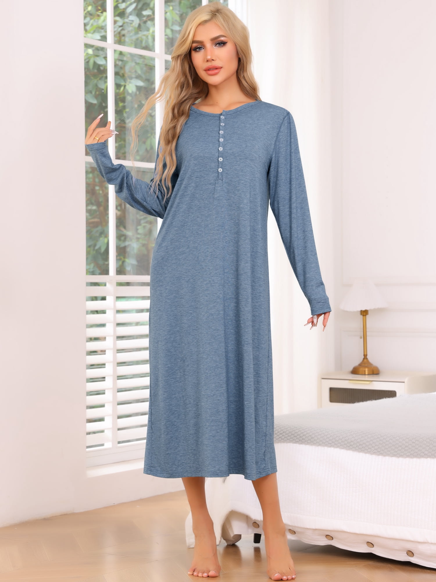 DARING DIVA Women's Long Sleeve Long Soft Button Down Nightshirt XS Blue