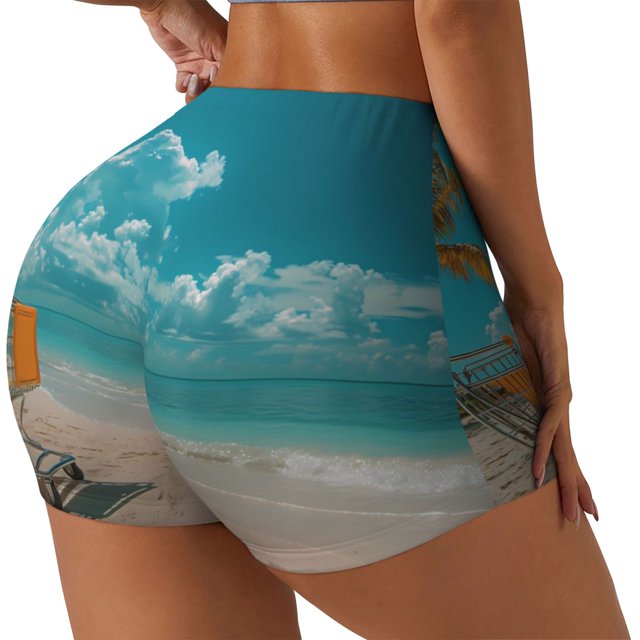 Balery Shopping Cart On Tropical Beach Pantalones cortos de entrenamiento estampados para mujer, sin costuras, ajustados, para gimnasio, yoga, correr, deportes, ejercicio activo, fitness.-X-Large