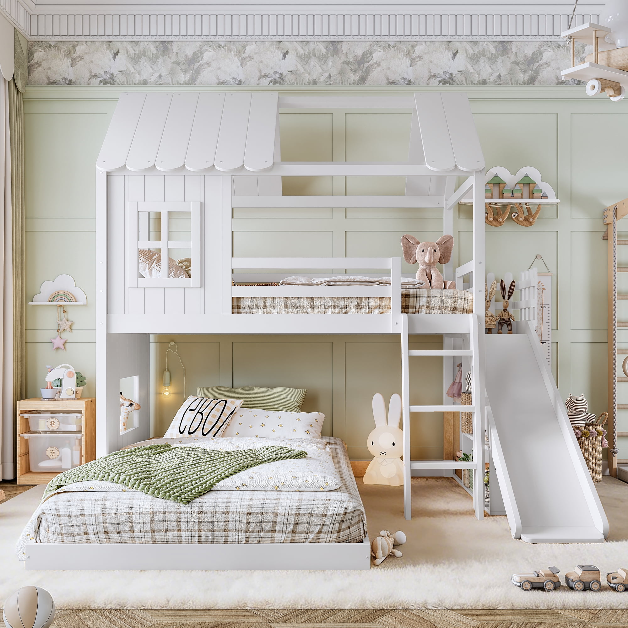 Twin over Full House Bunk Bed with Slide & Ladder, Wood Playhouse Bunk Bed with Storage Shelves & Wardrobe, Floor Bunk Bed for All Ages, White