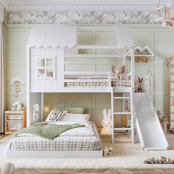 Twin over Full  Bunk Bed Frame with Ladders and Slides, House Floor Bunk Bed Frame with Storage Shelves and Wardrobe for Bedroom, Apartment, Mattress not included, No Spring Box Needed, White