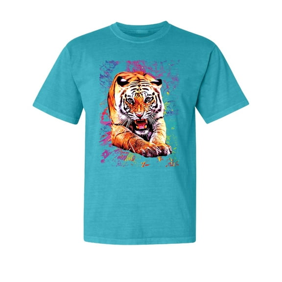 Wild Bobby, Tiger Growling Colorful Trippy, Animal Lover, Garment-Dyed Washed Look Short Sleeve T-Shirt, Blue Lagoon, Small