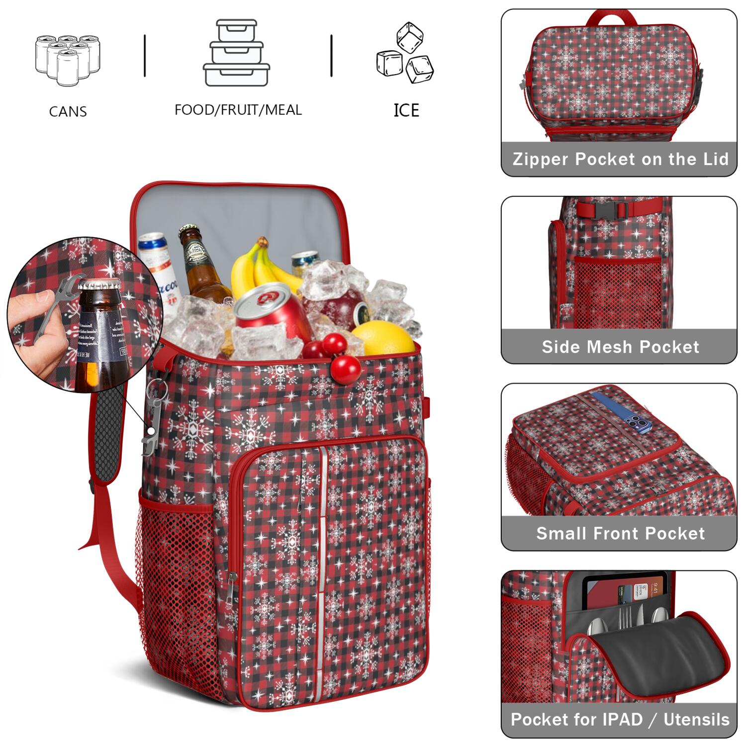 Travel Cooler Bag - Red and Black Christmas Snowflake Pattern Camping Beer Cooler Backpack with Bottle Opener- Waterproof Insulated Picnic Backpacks - Cooler Bag for Beach