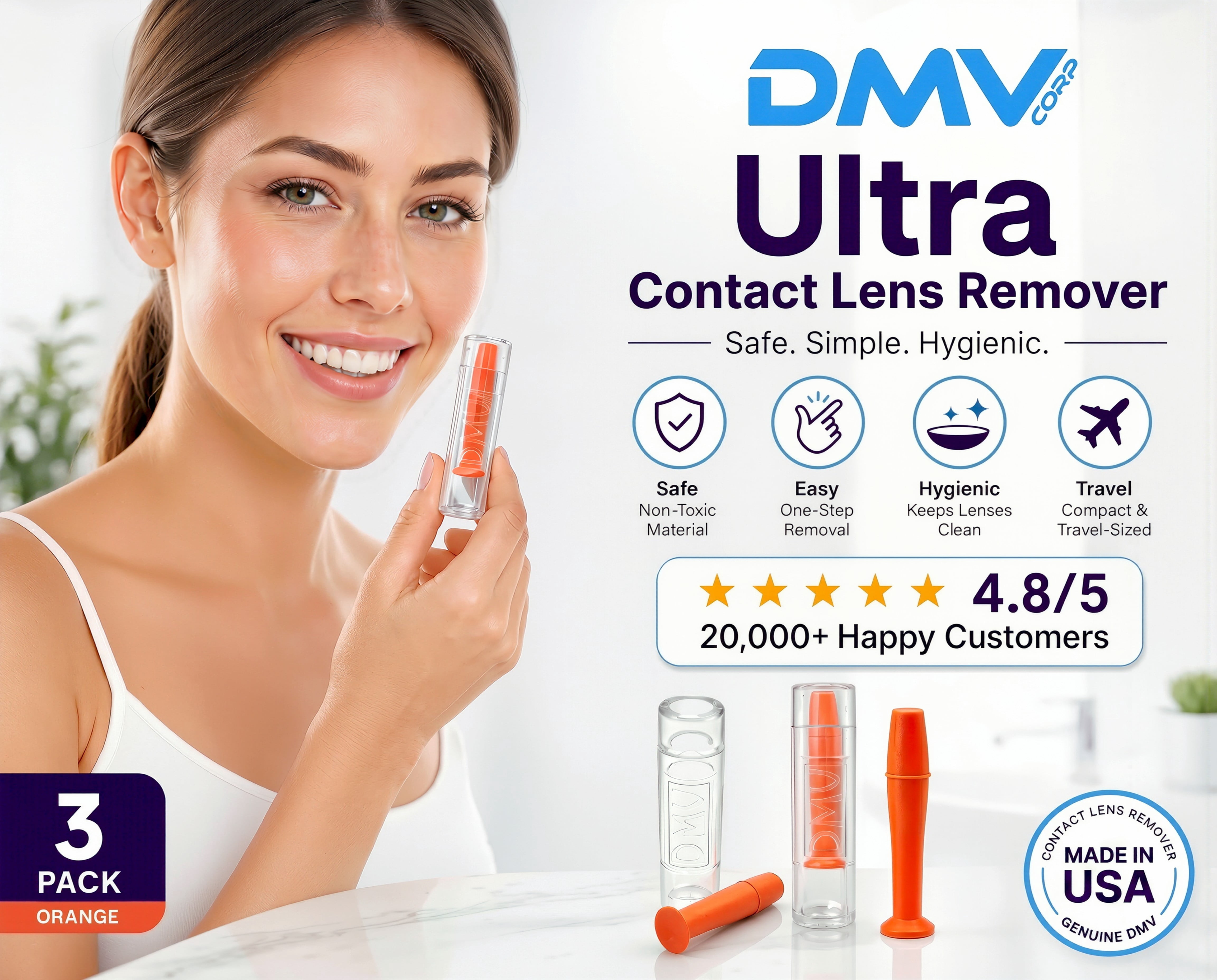 DMV Ultra Hard Contact Lens Remover, Orange, 3 Pack