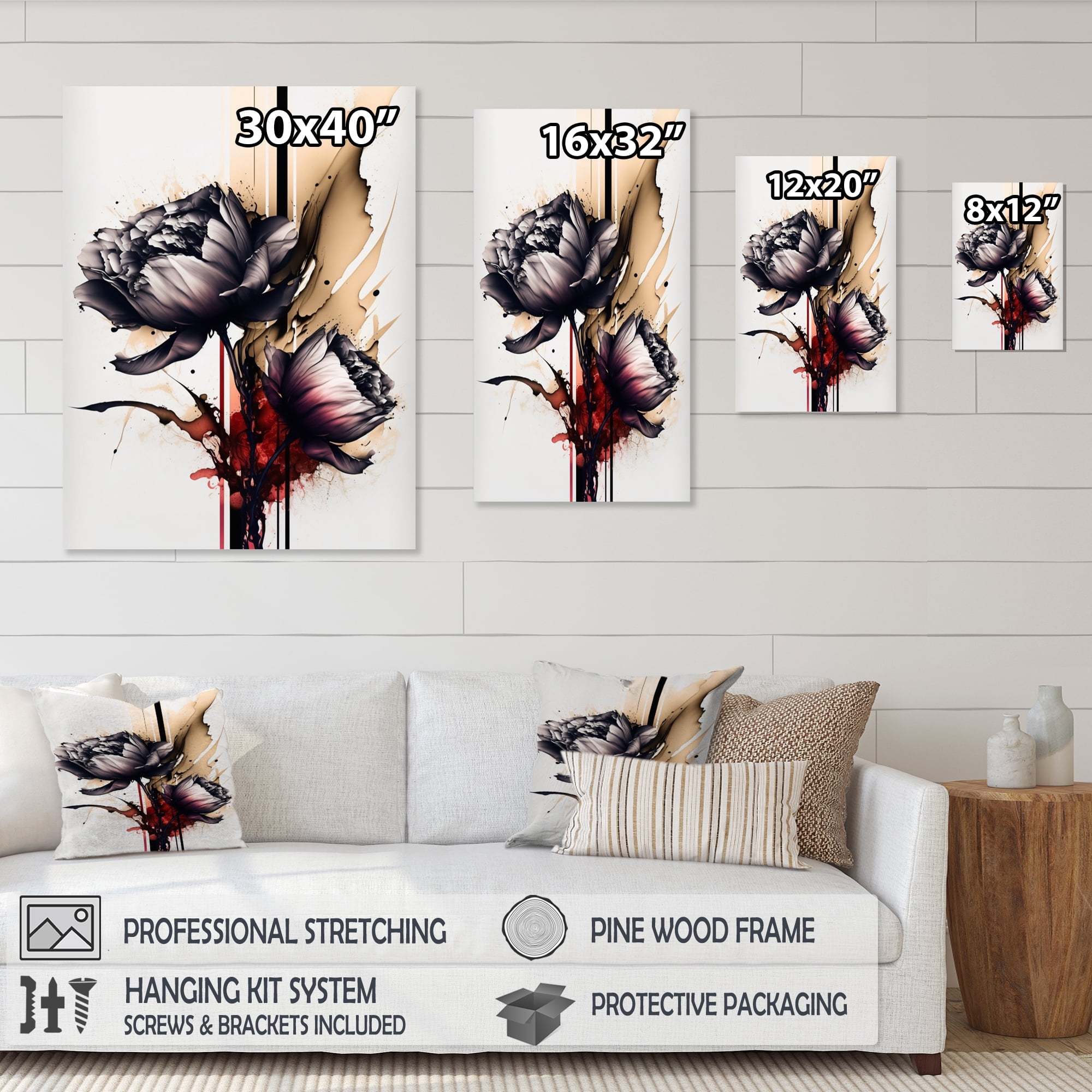 Designart Red Peony Flower On Abstract Paint I Canvas Wall Art