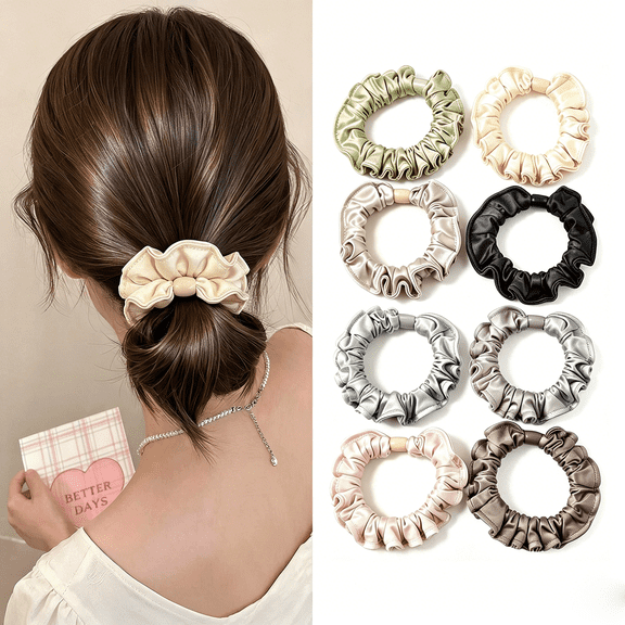 8Pcs Medium Skinny Satin Silk Scrunchies Bulk for Women,8Colors Silk Thin Hair Ties Scrunchy Bands Skinny Ponytail Holders for Thick Curly Hair Pony Tails Wrist Decor