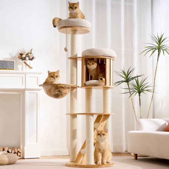 HITTITE Solid Wood Cat Tree Tower with Scratching Post, 61 Inches Tall Cat Towers with Capsule and Condo, Modern Cat Tower with Climbing Ladder and Removable Top Bed for Indoor Cats.