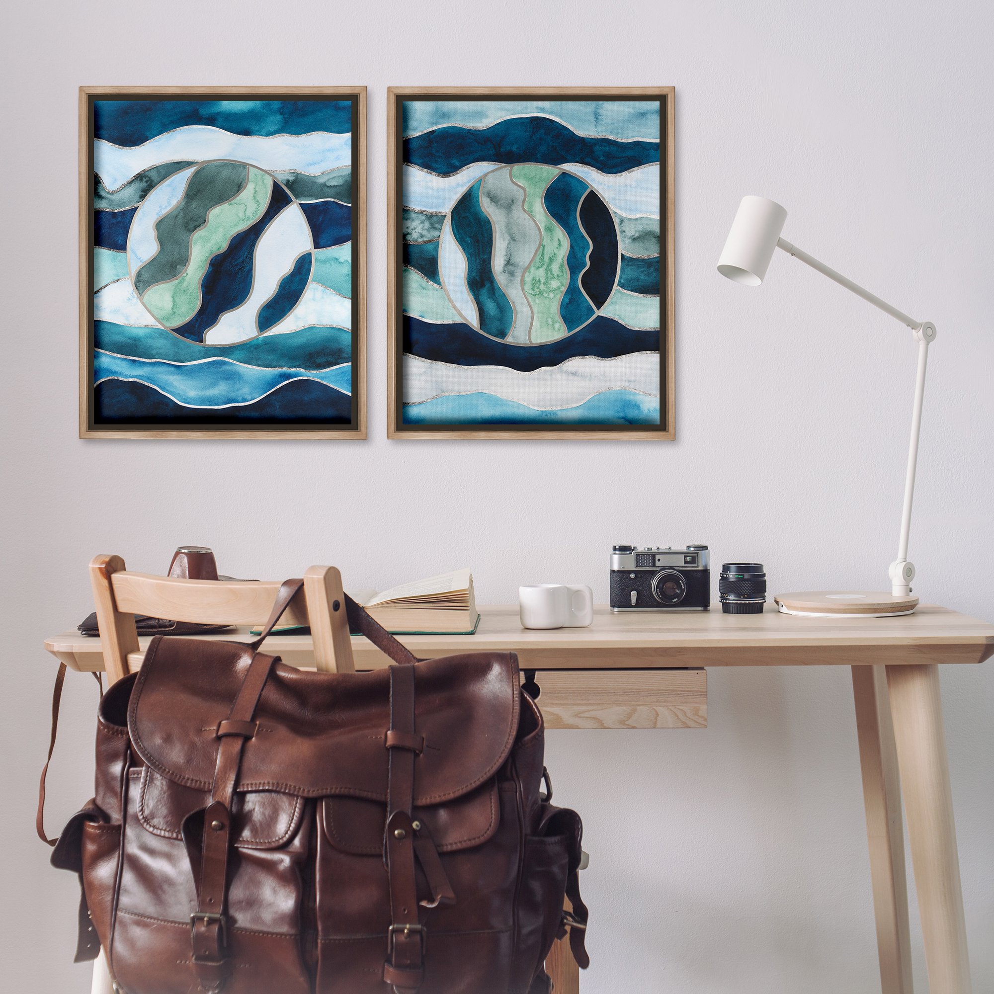 Stupell Industries Nautical Stained Glass Style Abstract Abstract Painting Brown Floater Framed Canvas Art Print Wall Art, 31 x 25, Set of 2