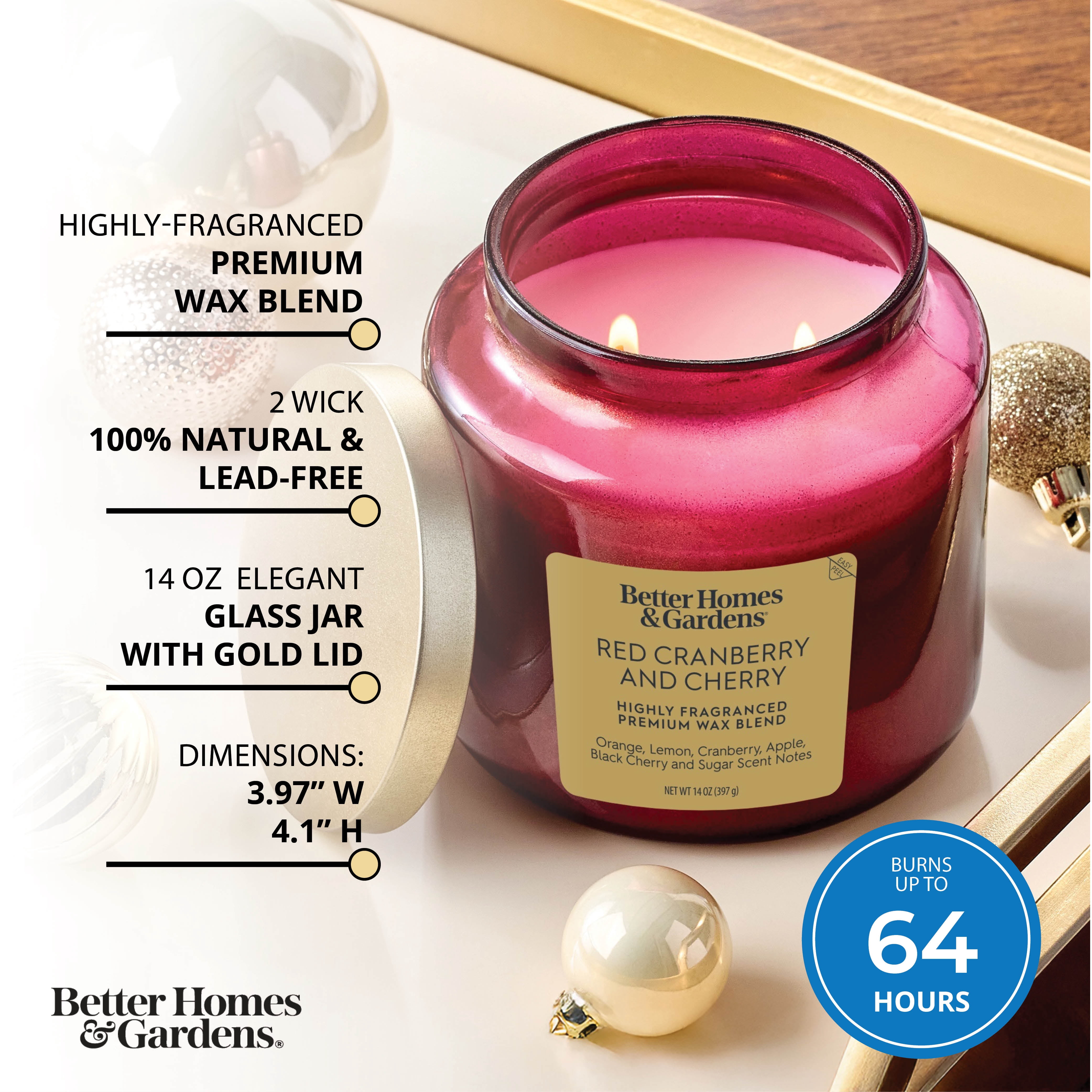 Better Homes & Gardens 2-Wick Red Glass Jar Candle with Gold Lid, Red Cranberry & Cherry, 14oz.