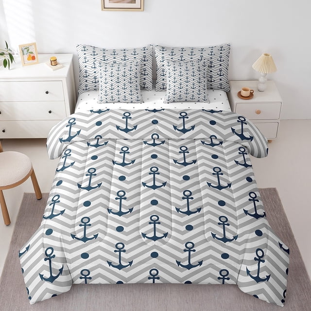 Erosebridal Nautical Anchor Print Bedding Sets Full Size, Gray Geometric Wave Stripes Comforter Sets with Sheets, Reversible 7pcs