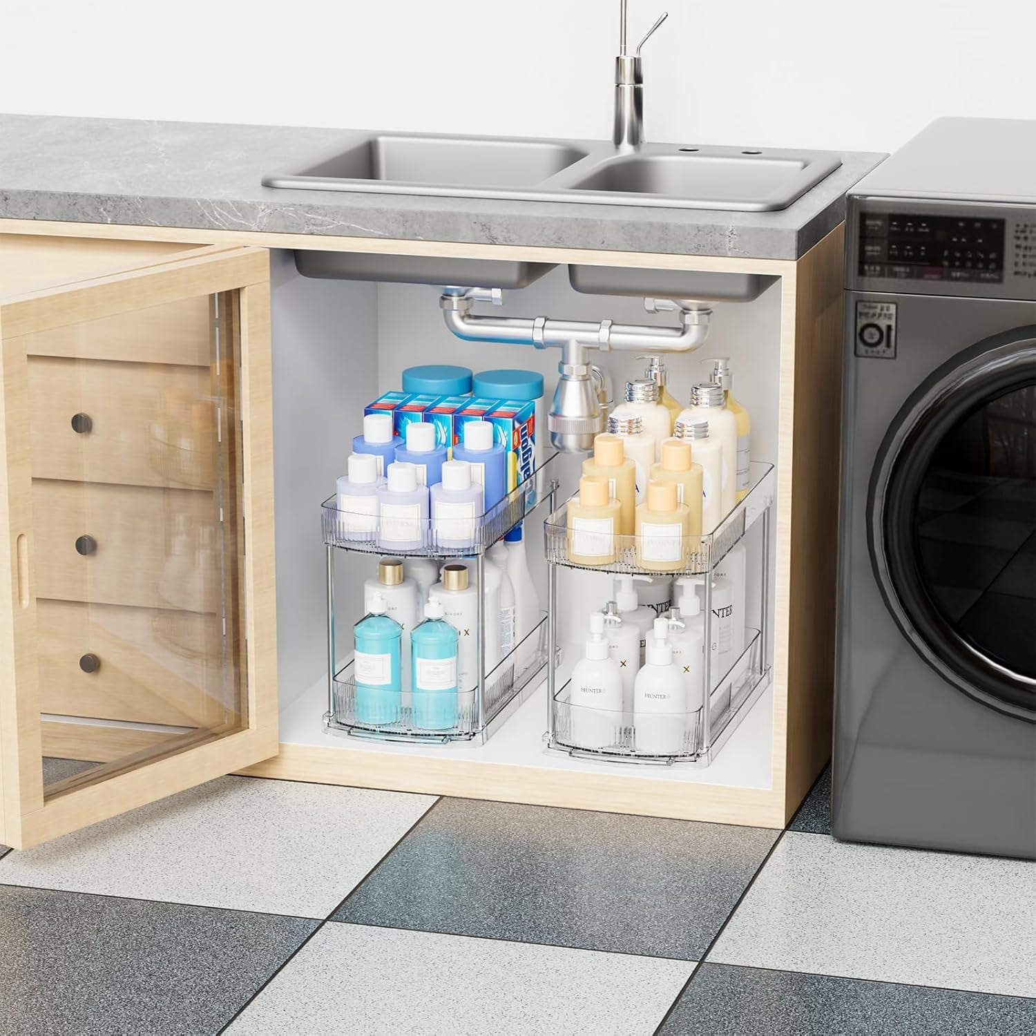 2 Pack Large Pull Out Bathroom Organizers and Storage,2 Tier 12.8″ Tall Sliding Kitchen Under Sink Organizer for Cleaning Products Storage,Acrylic Clear inder Organizer,Undersink Storage