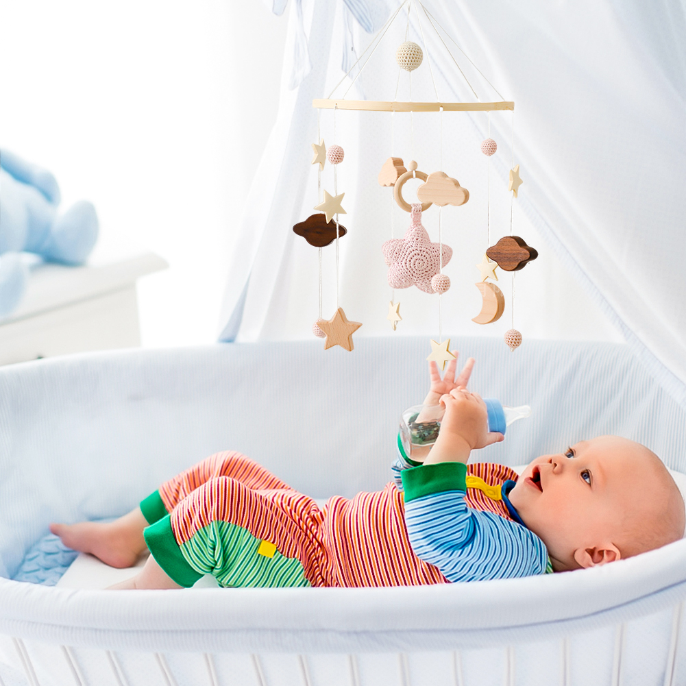 Full Sky Star Crib Bell with Felt Balls – Handmade Wooden Bed Bell for Infant Sleep, Motor Skill Development, and Nursery Decor