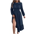 thumbnail image 2 of Antinious Women Wedding Guest Dress Solid Crew Neck Long Sleeve Waist Cinched Ruffled Mid Length Banquet Dress,Winter Dresses for Women,Long Sleeve Party Dress for Women,Navy,L, 2 of 5