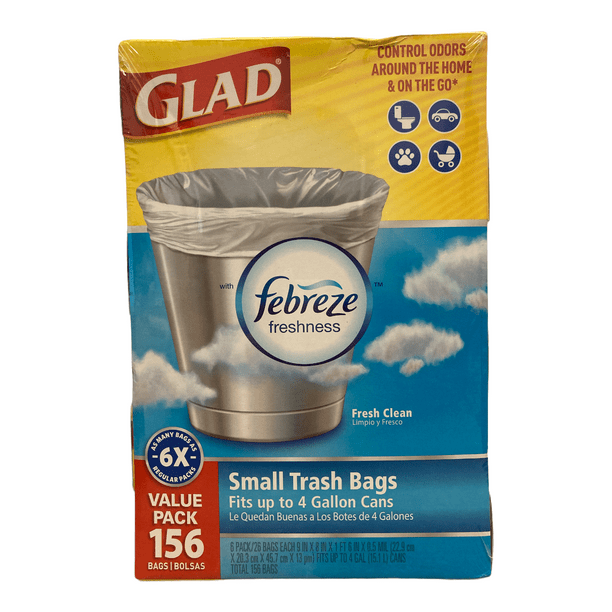Glad Small Trash Can Bags, 4 Gallon + Febreze Fresh Clean Odor Control