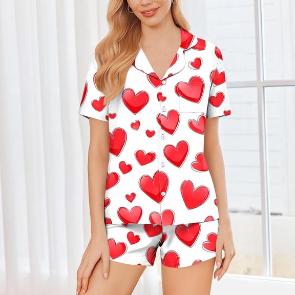 Sakmal Womens Valentine's Day Lounge Set Plus Size Button Up Heart Print Short Sleeve Shirt with Shorts Nightwear Collared Red Womens Pajama Set L